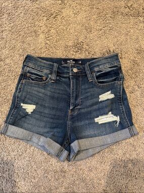 Hollister Medium Blue Distressed Cuffed Denim high Rise Shorts Size 3